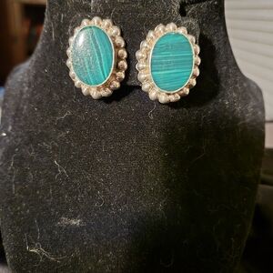 Vtg Malachite Sterling Silver 925 Taxco Signed Clip Earrings